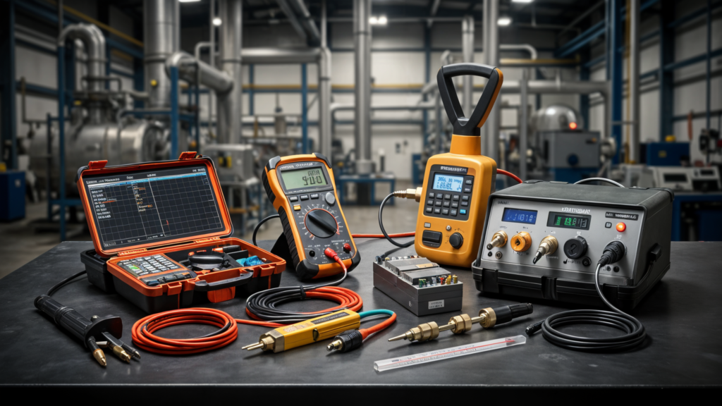 Calibration technician tools arranged on an industrial workbench